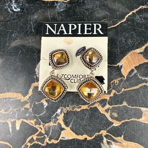 NWT Napier Gold-Tone Diamond Shaped Drop Earrings Yellow Gems EZ Comfort Clip